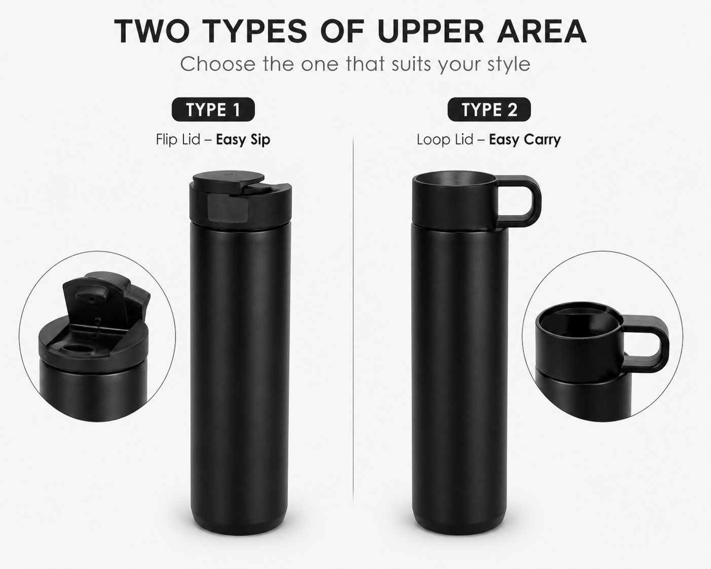 Stainless Steel Insulated Water Bottle 500ml – Leakproof Flip Lid & Loop Cap Hot & Cold Bottle